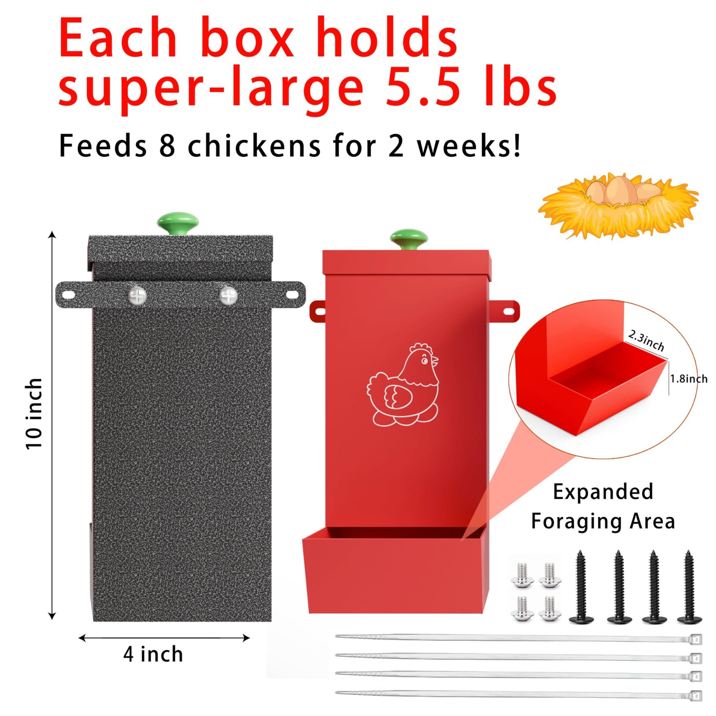 2-Pack Metal Hanging Chicken Feeder with Lid – Waterproof Gravity Poultry Feeder Trough, Automatic Chicken Coop Accessories (Black + Red)