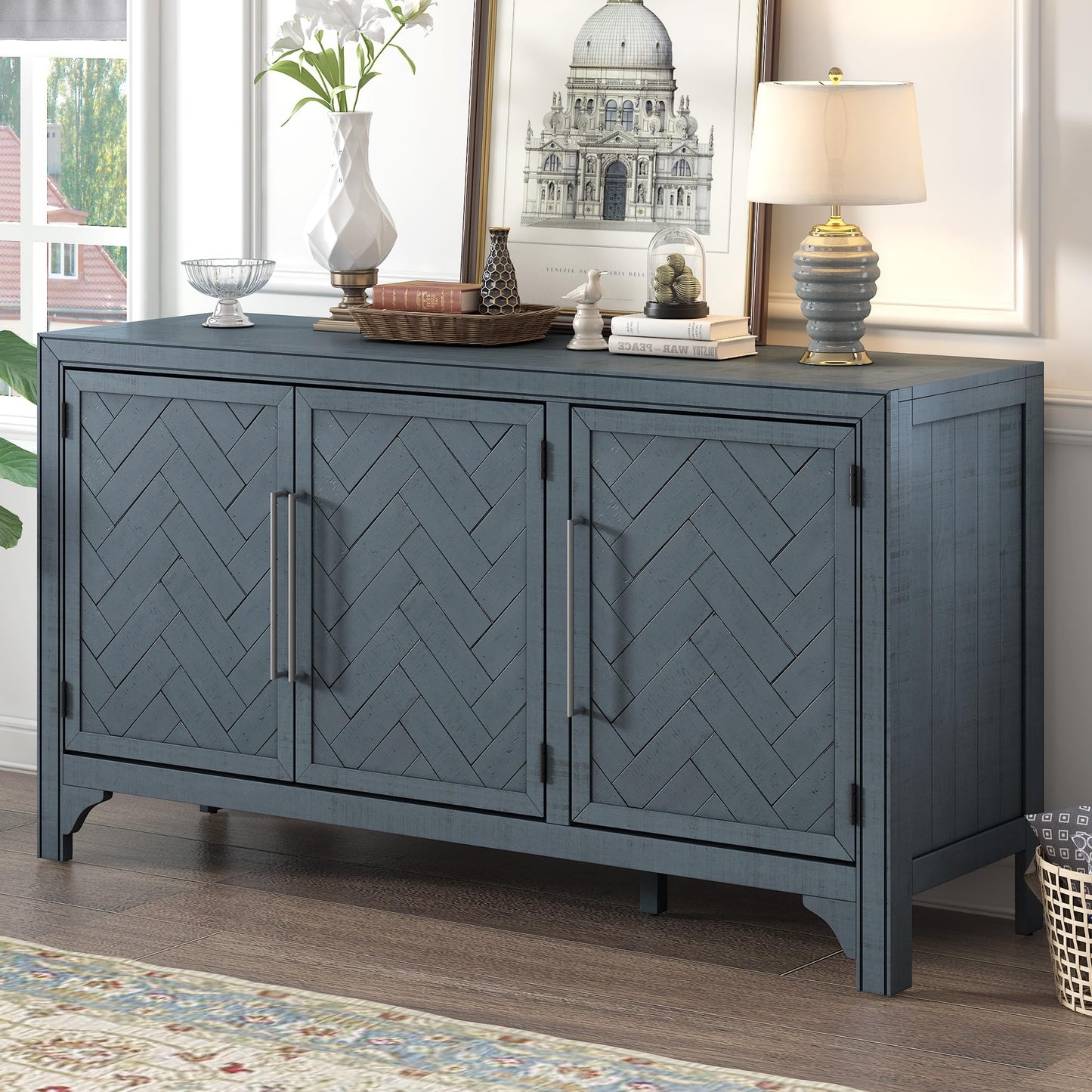 Merax Modern Rustic Wood Buffet Sideboard with Metal Handles, 3 Doors Coffee Bar Cabinet TV Stand for Bedroom Living Room Dinning Room Kitchen Navy Blue