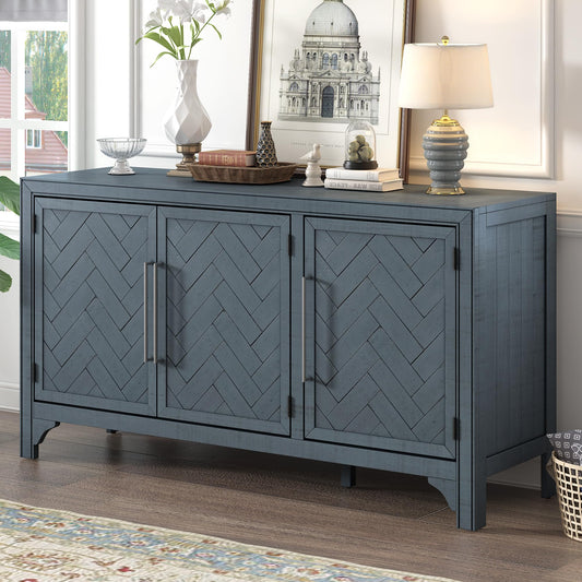 Merax Modern Rustic Wood Buffet Sideboard with Metal Handles, 3 Doors Coffee Bar Cabinet TV Stand for Bedroom Living Room Dinning Room Kitchen Navy Blue
