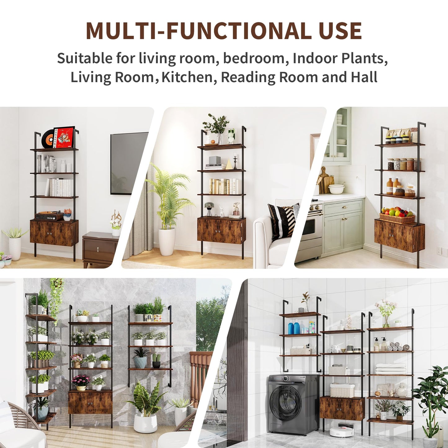 CAMOAT 4-Tier Ladder Bookcase,Wall Mounted Bookshelf with Cabinet:Space-Saving Corner Storage Shelves,Blanket Ladder&Bathroom Wall Shelf,Open Industrial Shelf -Maximize Living Room,Bedroom,Home Office