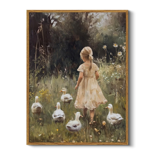 HUARCEY Rustic Girl and Ducks Framed Canvas Wall Art, Farmhouse Pastoral Scene Decor 12x16 inch, Countryside Cottagecore Vintage Print Artwork for Easter Spring Summer Home Decor