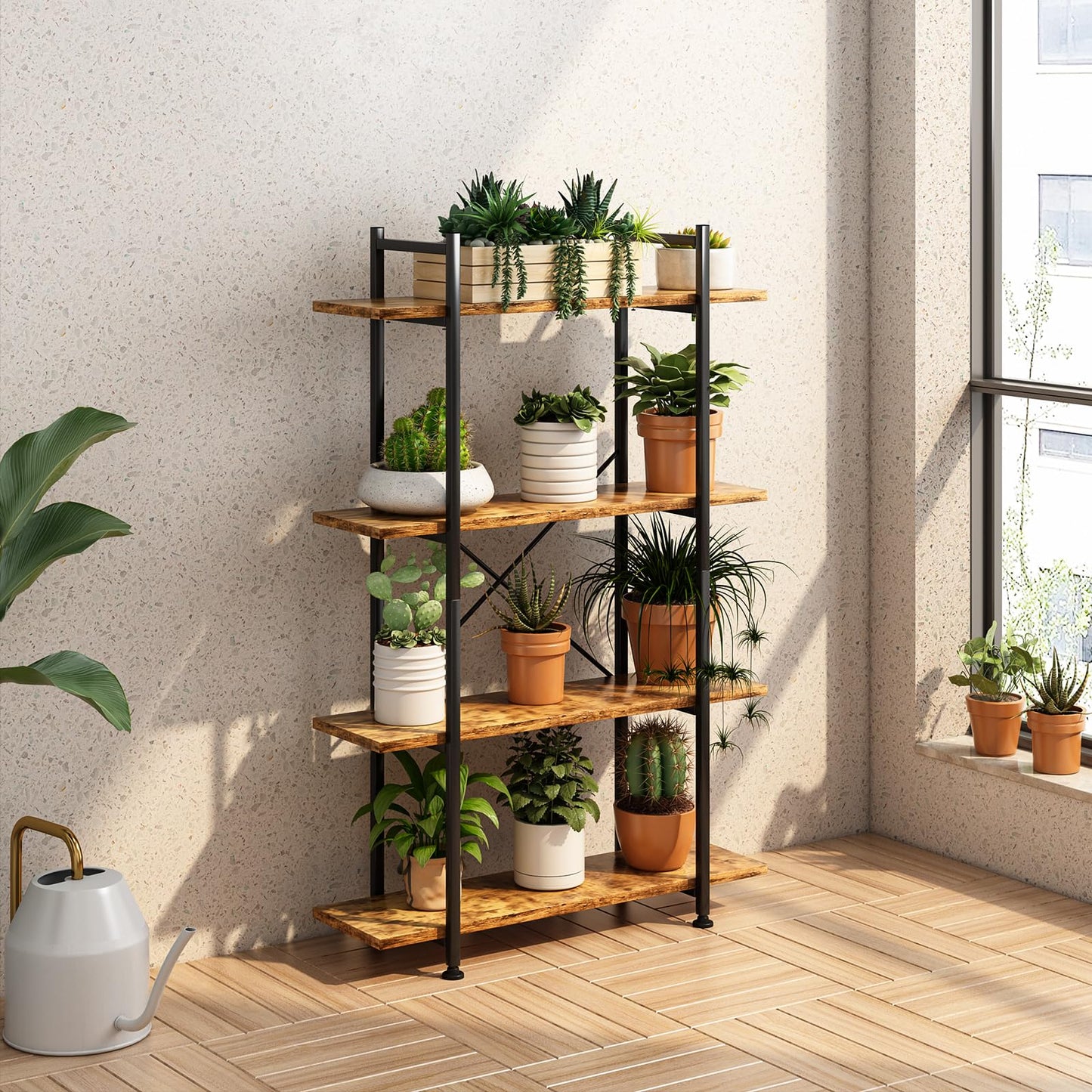 Azheruol 4 Tiers Bookshelf Rustic Brown Wooden Storage Shelf, Industrial Shelf Book Organizer,Modern Open Display Storage Bookcase,Metal Bookshelf Standing Tall Shelving Units for Home Office Study.