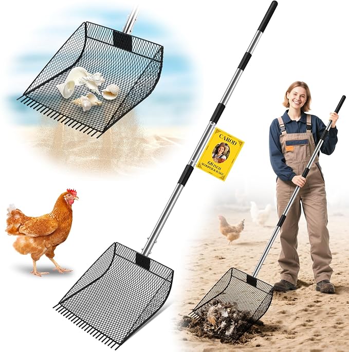 Upgraded 12-inch Chicken Poop Scooper Rake, Durable Metal Coop Scoop for Chicken with 24 to 68" Adjustable Stainless Steel Handle, Litter Scooper for Sand Sifting Shovel for Animals House
