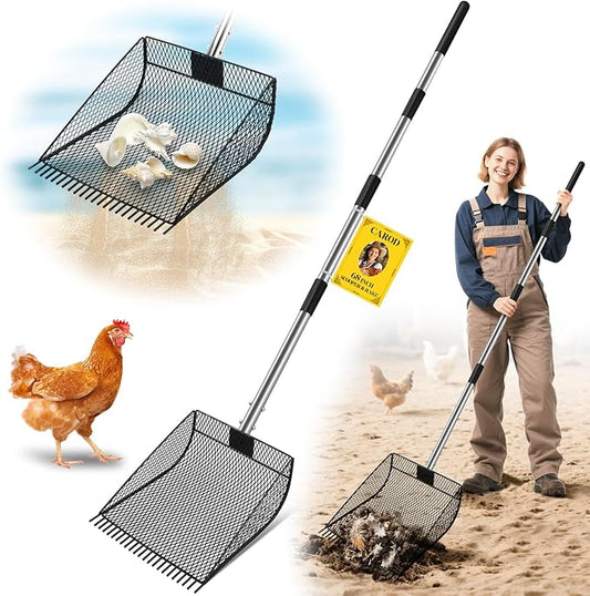 Upgraded 12-inch Chicken Poop Scooper Rake, Durable Metal Coop Scoop for Chicken with 24 to 68" Adjustable Stainless Steel Handle, Litter Scooper for Sand Sifting Shovel for Animals House