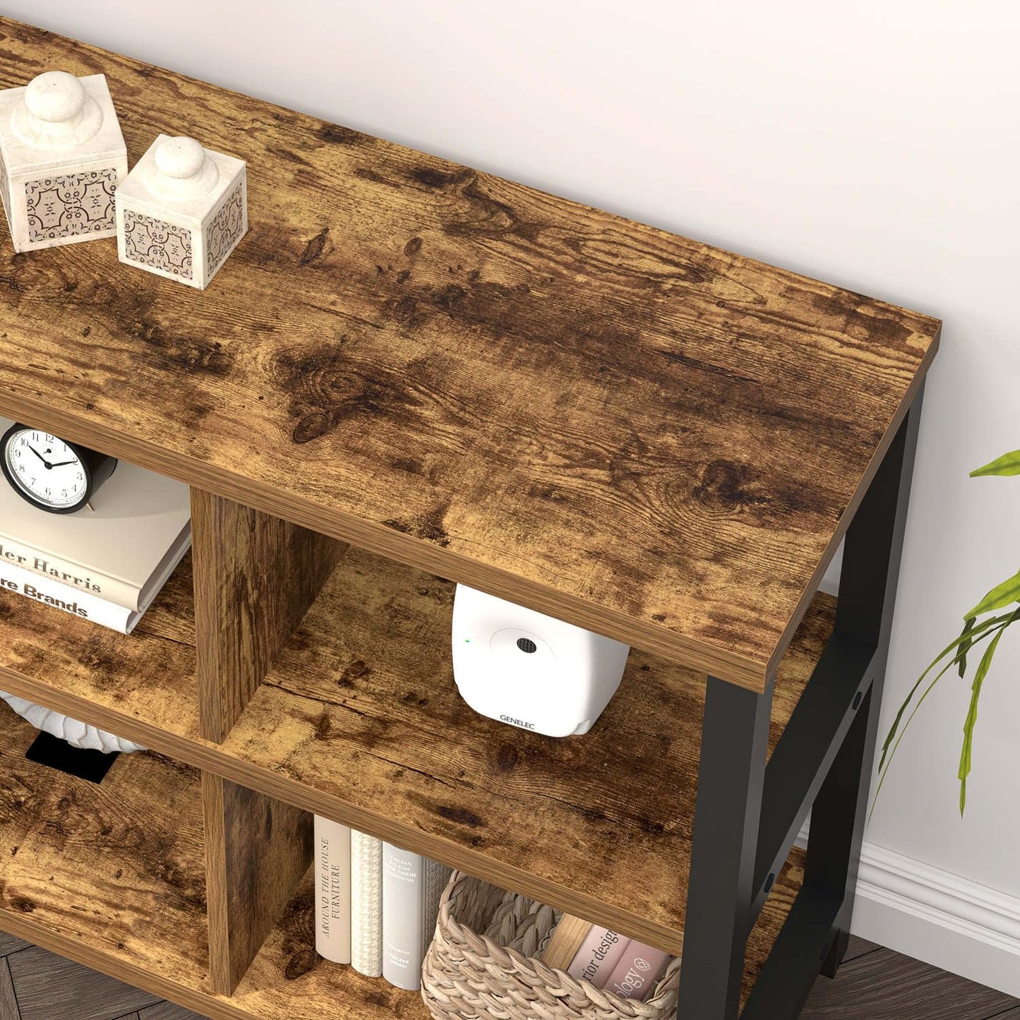FOLUBAN Industrial Horizontal Bookshelf, 6 Cube Storage Organizer with Shelf, Wood and Metal Cubby Bookcase for Living Room Bedroom, Rustic Brown, 47 Inch