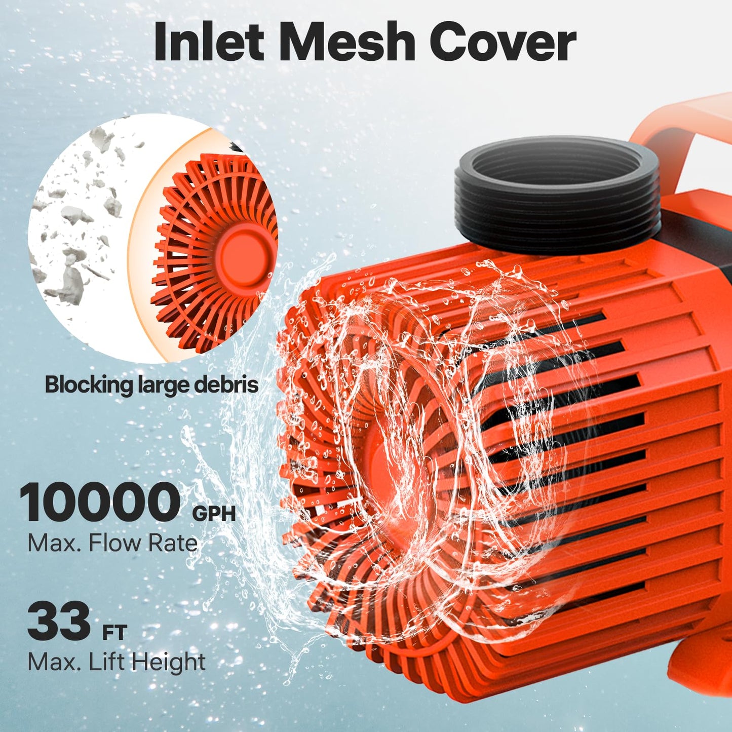 DOKO Submersible Water Pump, 10000GPH Pond Pump with 30FT Power Cord and 33 FT Lift Heigh, 1000W Ultra Quiet Fountain Water Pump for Pond, Aquarium, Waterfall, Orange Black