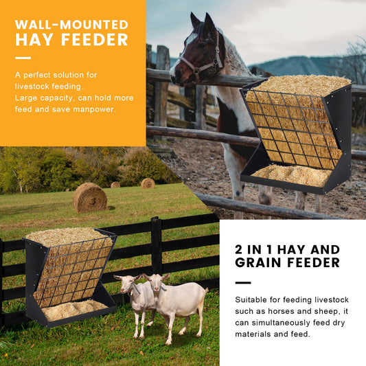 PAUQRWIE Hay Feeder for Goats 25 Gallon Horse Hay Rack Wall Mount 2 in 1 Hay and Grain Feeder Metal Livestock Mineral Feeders for Sheep Nigerian Dwarf Goats, Hanging, Adjustable