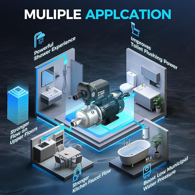 Auto Water Pressure Booster Pump for Home. Multi-stage Centrifugal, High Pressure, Low Noise. 110VAC/60HZ, 2/3HP, 1HP, 1.5HP for Whole House, Residential Underground or Surface Water (CHB2-4)