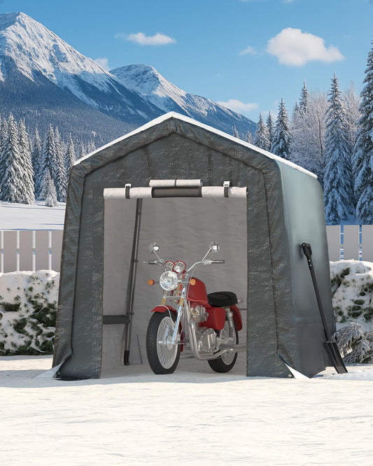 6x8FT Outdoor Portable Storage Shed with Roll-Up Door & Vent, 240G Heavy-Duty Shelter Waterproof PE Tarp, UV-Resistant Storage Sheds for Motorcycle, Firewood, Garden and Tools, Gray