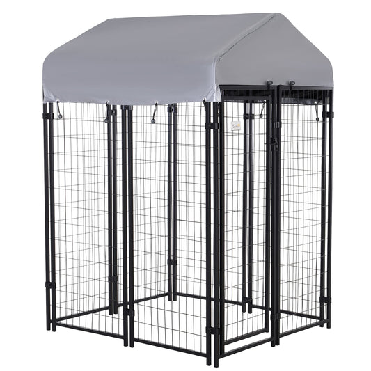 PawHut Outdoor Dog Kennel with Roof, 4' x 4' x 6' Heavy Duty Welded Wire Dog Playpen Enclosure with Escape-Proof Lock, UV-Resistant & Waterproof Cover, for Medium Dogs, Chickens, Ducks, Silver