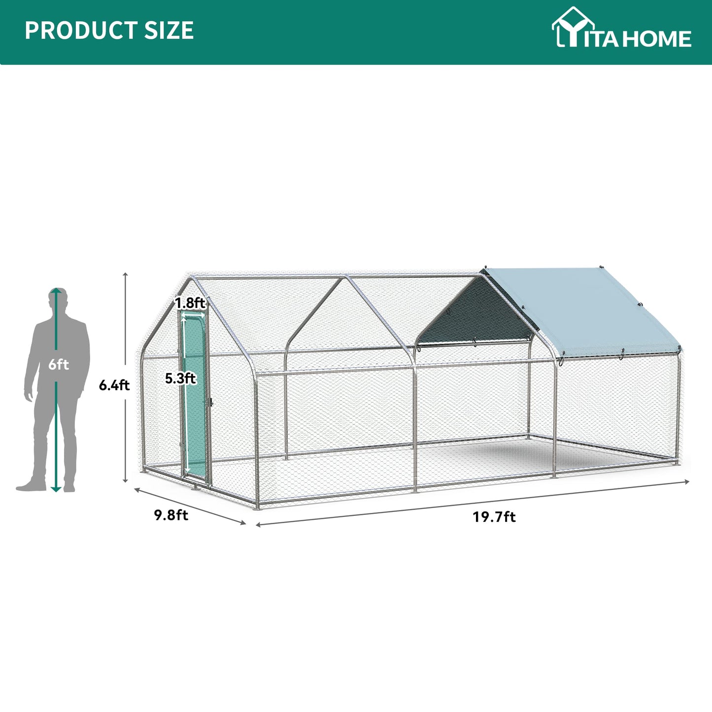 DWVO Large Metal Chicken Coop with Top Cover, 19.7'Lx9.8'Wx6.4'H Walk-in Poultry Cage Hen Run House Duck House Rabbits Cage Spire Shaped Coop for Outdoor Back Yard Farm Use