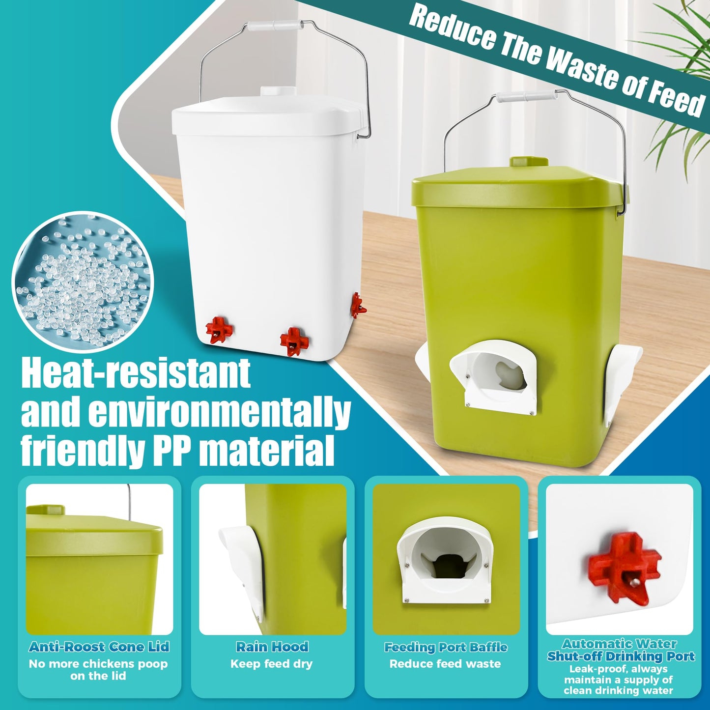 Loyala Automatic Chicken Feeder and Waterer Set 3 Gallon/25 Pounds No Waste Poultry Feeder Rain Proof Large Chicken Feeders Chicken Coop Accessories (Grass Green and White)