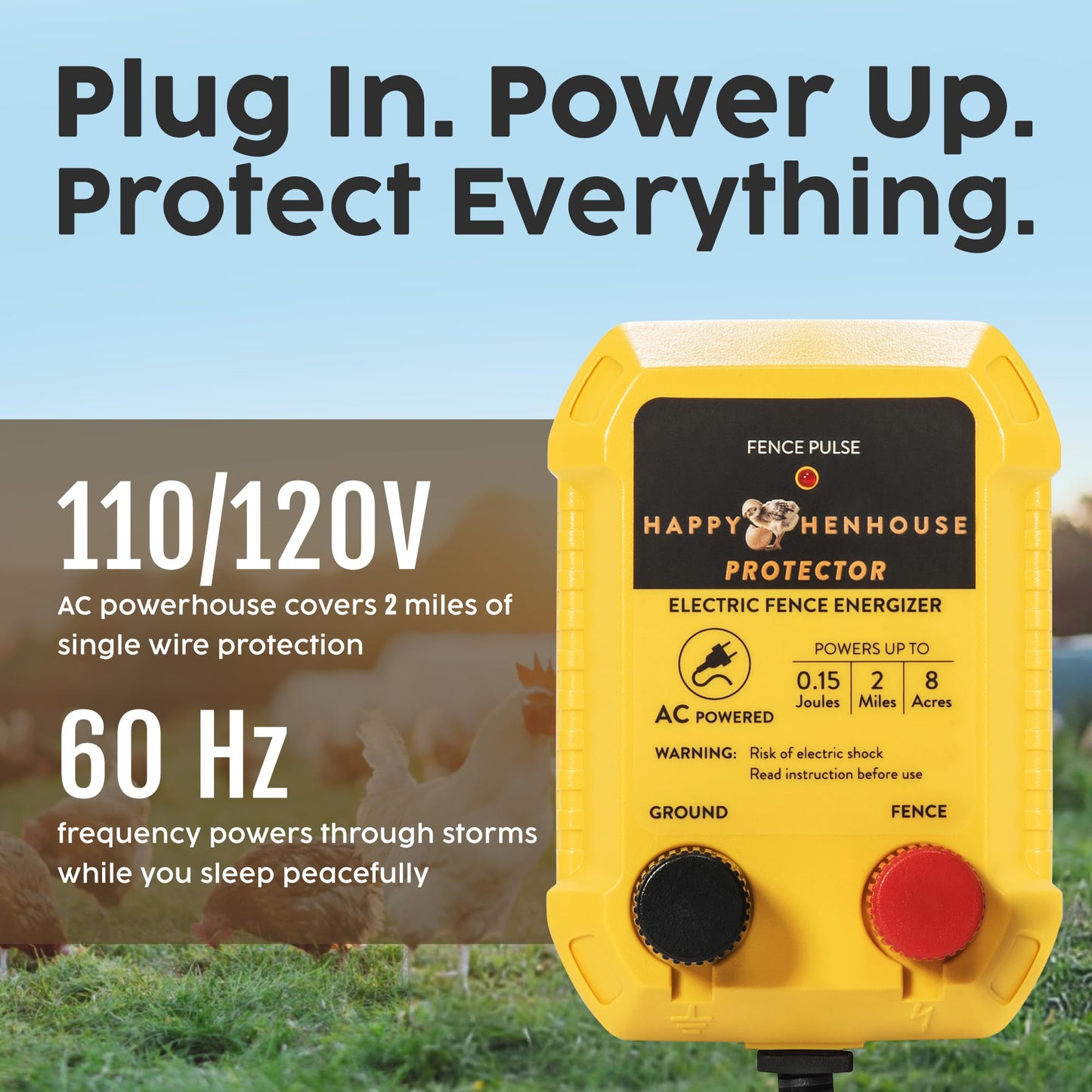 Happy Henhouse Electric Fence Charger - Powerful 110V AC Plug-in Fence Energizer for Chickens, Small Farms & Gardens - Easy Setup Predator Protection for Safer Free-Ranging