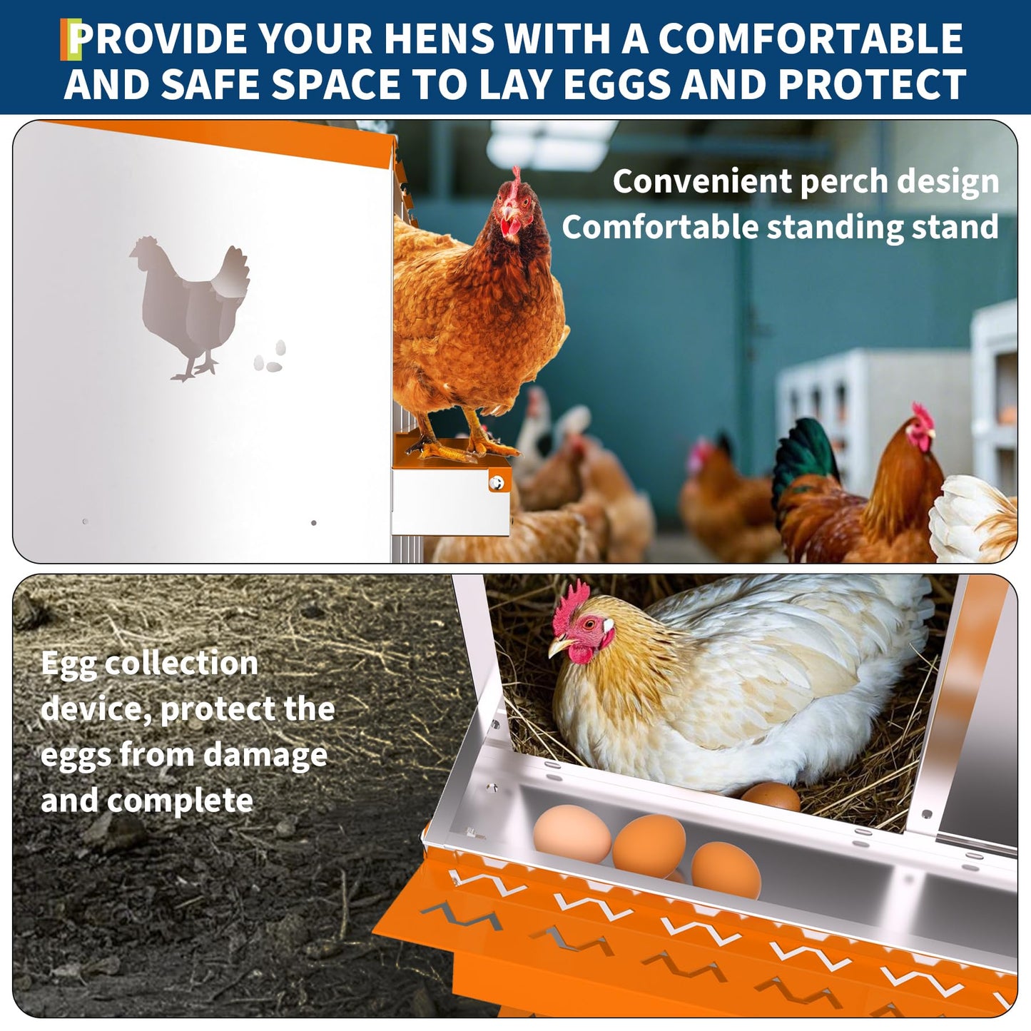 Chicken Nesting Boxes, 6-Hole Roll Away Nest Box for Chicken Coop, Metal Egg Laying Box with Perch & Lid Cover to Protect Eggs, Rollout Egg Collection, Vented Holes Orange