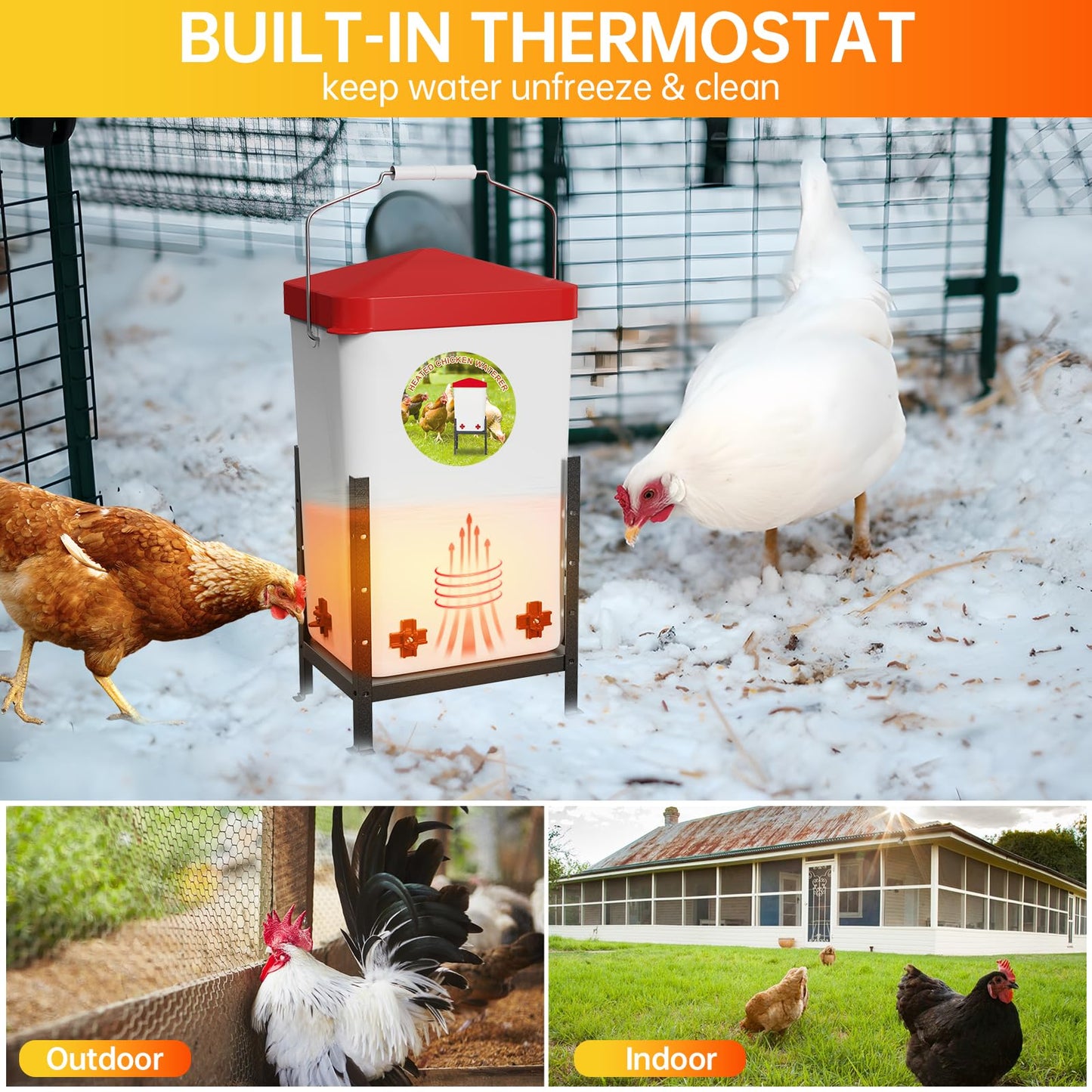 Nexum 2 Gallon Heated Chicken Waterer - Outdoor Unfrozen Poultry Drinker for Winter with 4 Nipples and Adjustable Stand Automatic Chicks Water Bucket (Red, 3 Gallon)