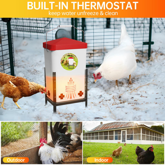 Nexum 2 Gallon Heated Chicken Waterer - Outdoor Unfrozen Poultry Drinker for Winter with 4 Nipples and Adjustable Stand Automatic Chicks Water Bucket (Red, 3 Gallon)