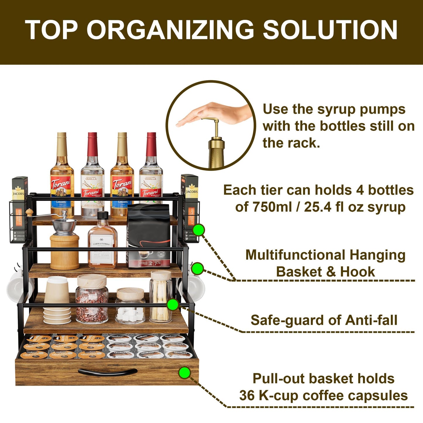 Coffee Syrup Organizer Rack, 4-Tier Syrup Bottle Holder Stand with 36 K Cup Pod Drawer Storage for Coffee Bar, 12 Bottles Storage Shelves for Syrup, Wine, Dressing for Kitchen Coffee Station