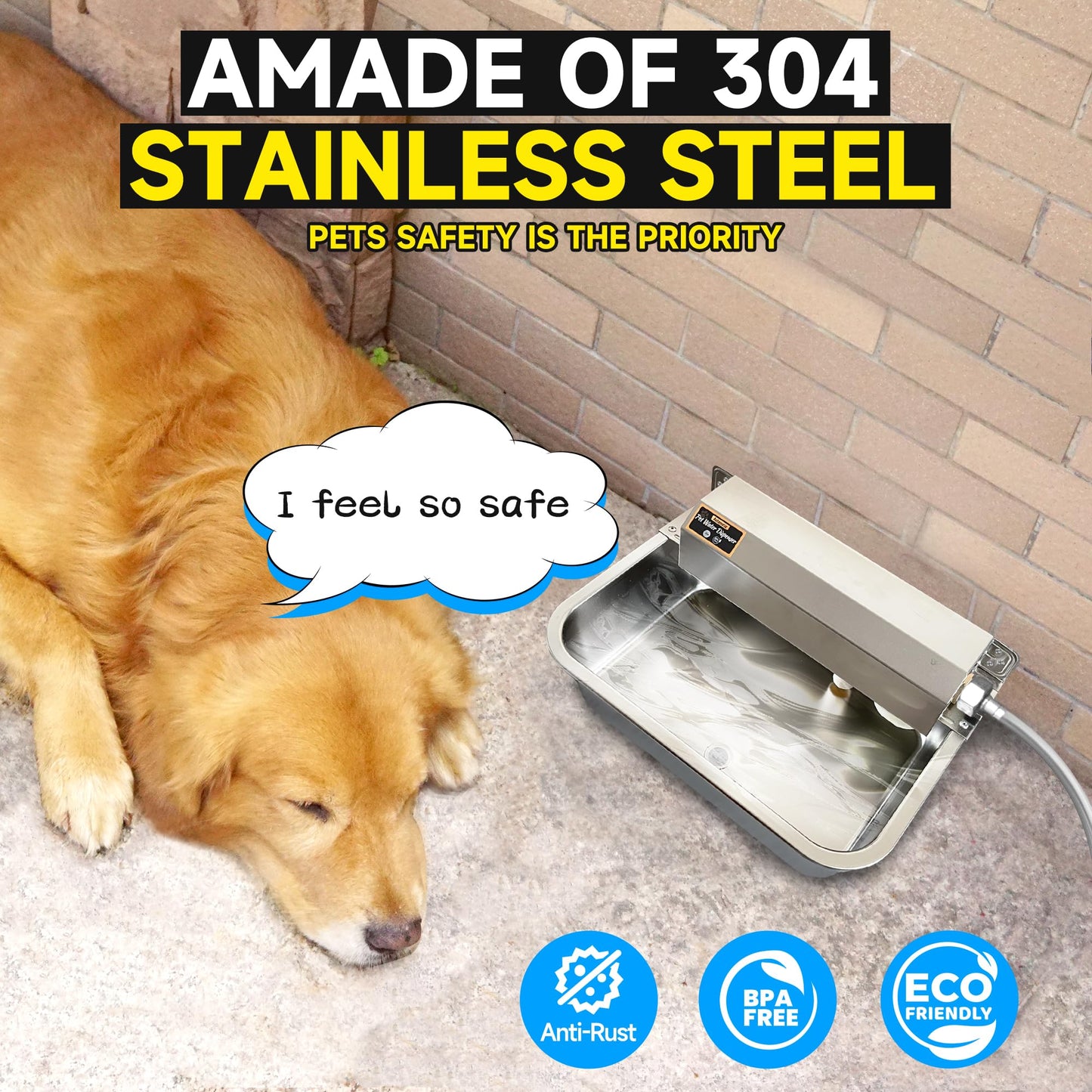 PETSOLON Automatic Dog Water Dispenser, 2 Gallons 304 Stainless Steel Large Dog Water Bowl Dispenser for Indoor/Outdoor, Pet & Livestock Water Feeder, Auto Fill, Fits GHT 3/4" Faucet, Easy to Clean