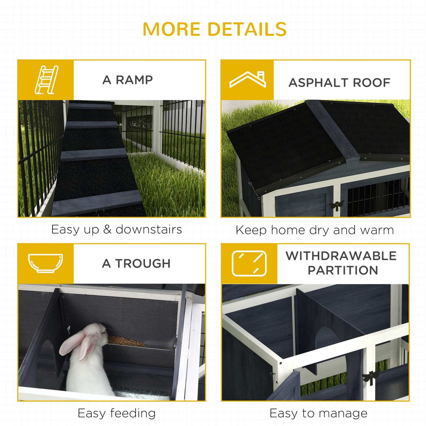 PawHut 2 Levels Outdoor Rabbit Hutch with Openable Top, 59" Wooden Large Rabbit Cage with Run Weatherproof Roof, Removable Tray, Ramp, Dark Gray