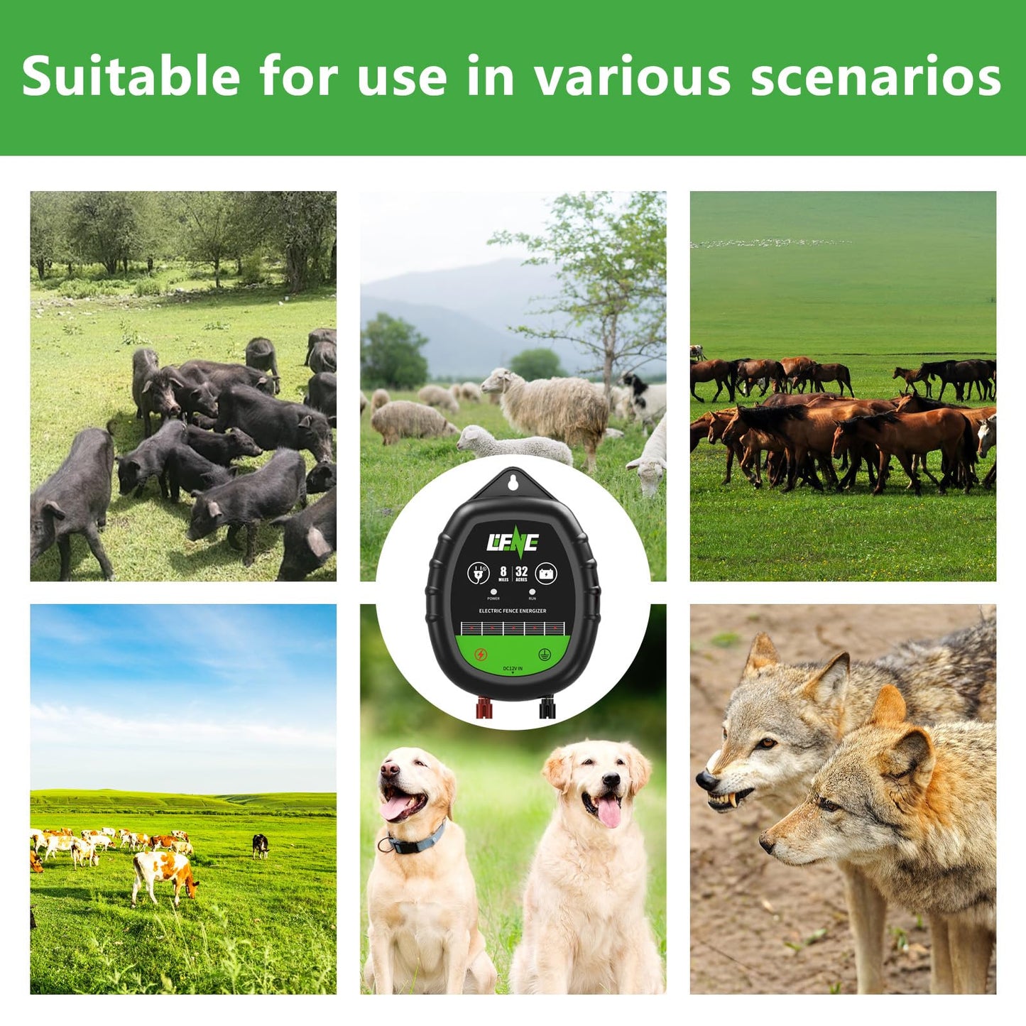 Lifence AC&DC 2 in 1 Powered Supply 8 Mile Electric Fence Energizer for Preventing Wild Animals Intruding 32 Acre Input 12V Output Voltage 10KV 1 Joule Deter Predators Contain Cattle Cow and Livestock