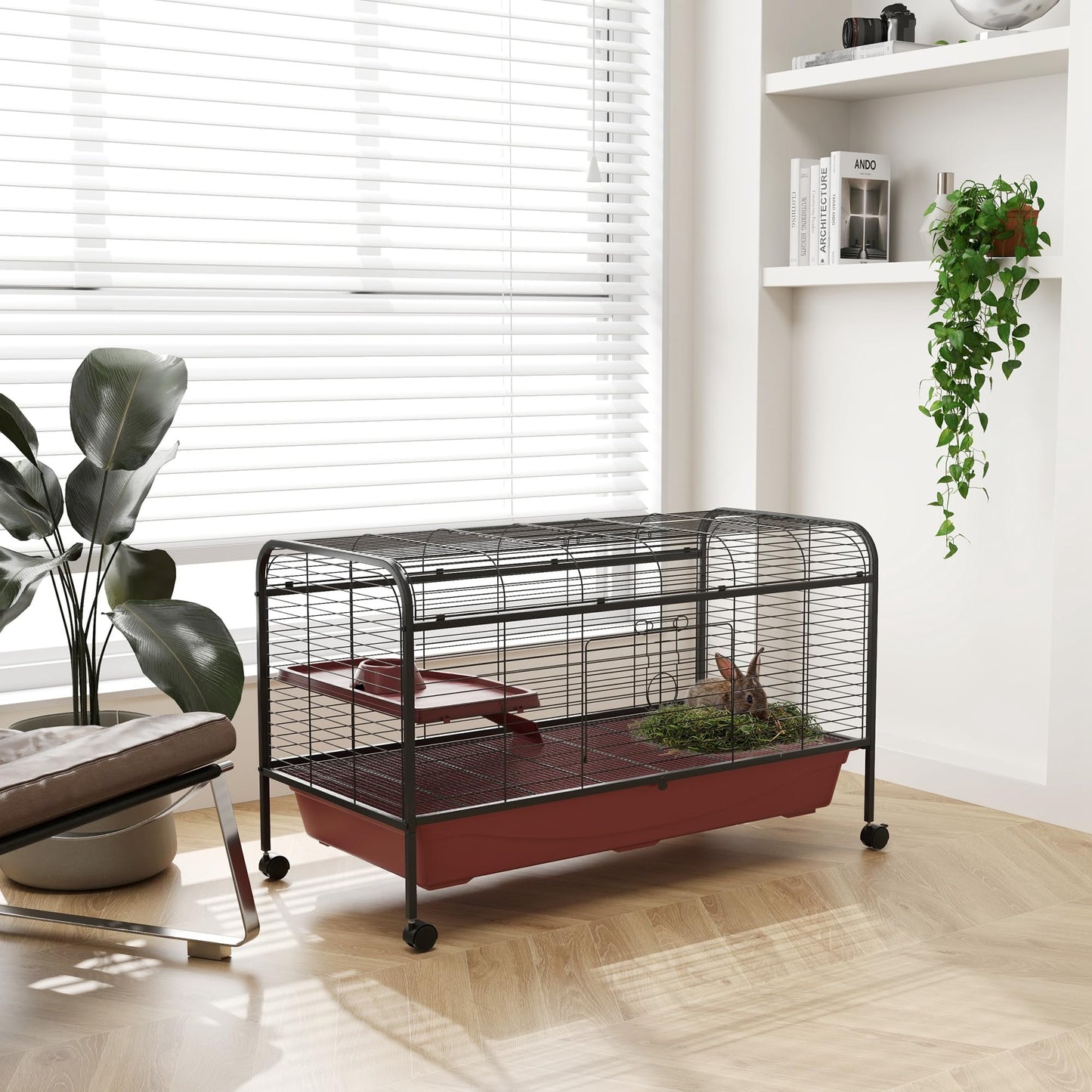 PawHut 48" L Small Animal Cage, Rabbit Hutch, or Ferret Pet Play House with Feeder, Rolling Wheels, Platform, Ramp