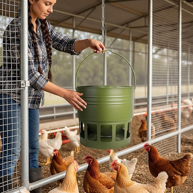 Hanging Chicken Feeder – 20lbs Metal Chicken Feeder, Adjustable Poultry Feeder with 12 Ports, No Installation & Universal Height Design (Avocado Green, 20lbs)