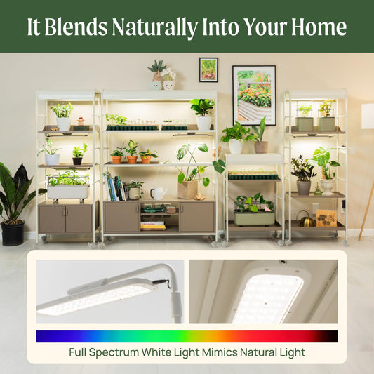 17" Classic 9 in 1 Garden Bed Pearl White & 2-Tiered Metal Plant Stand with Grow Lights