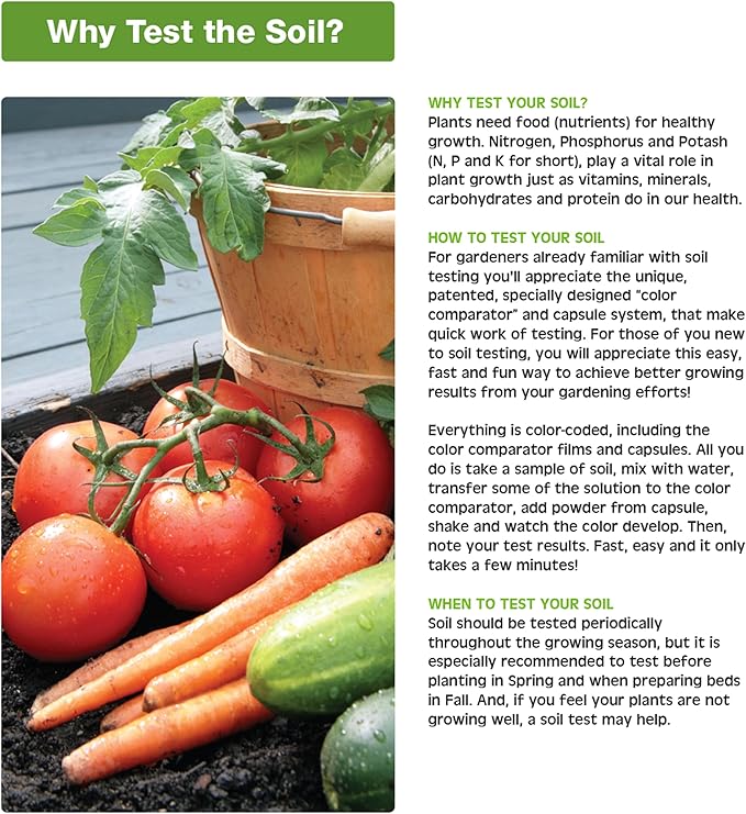 Rapitest Soil Test Kit for Gardens, Vegetables, Flowers and Lawns. USA designed and assembled soil tester completely, quickly and accurately measures/analyzes soil pH acidity and garden nutrients
