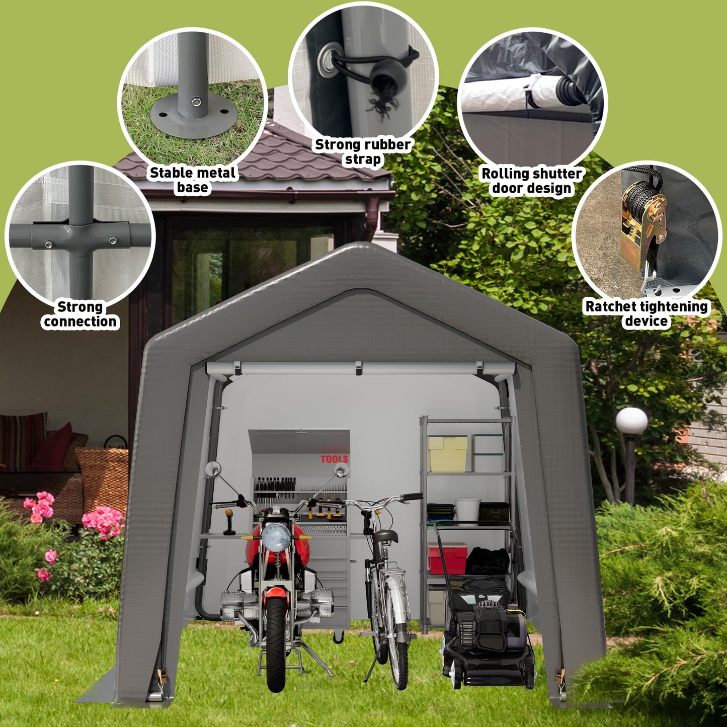8 x 12FT Portable Storage Shed, Outdoor Storage Shelter with Roll-Up Zipper Door, Waterproof Tarp, Portable Garage for Motorcycle, Bike, Garden Tools