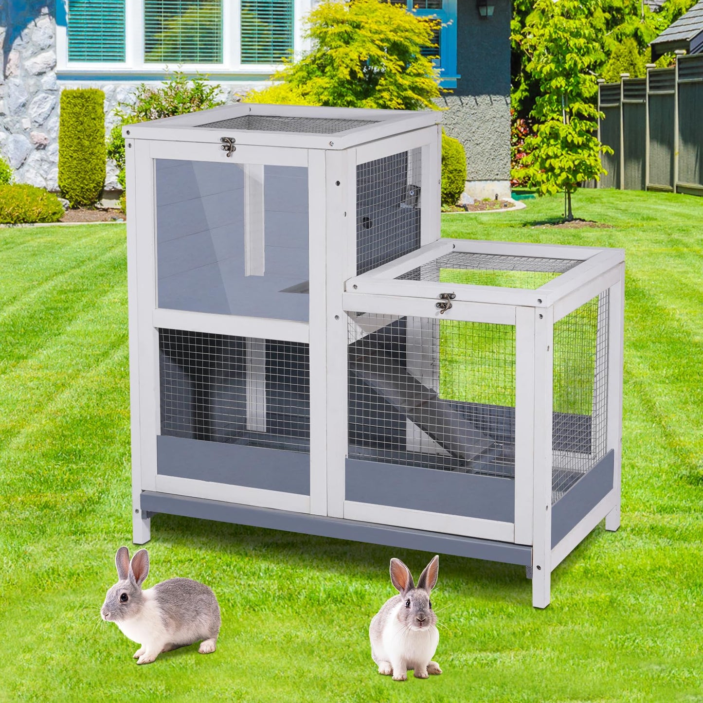 2-Story Guinea Pig Cages Wooden Indoor Rabbit Hutch Hamster Cage with Openable Roofs, Removable Tray and Wide Ramp, Small Animal Habitats for Hamsters, Guinea Pig, Ferrets, Hedgehog