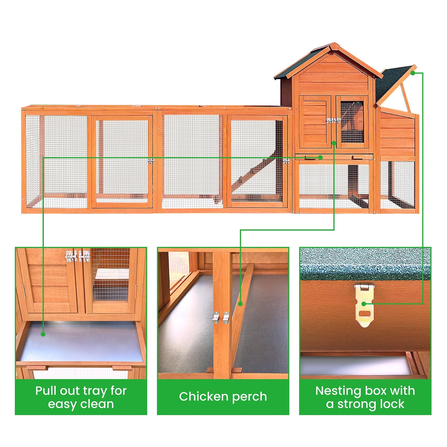 122" Wooden Chicken Coop, Outdoor Chicken Coop with Run for 3-5 Chickens, Hen House Duck Coop with Nesting Box, Chicken Perch and Ramp, Rabbit Hutch Poultry Cage for Backyard
