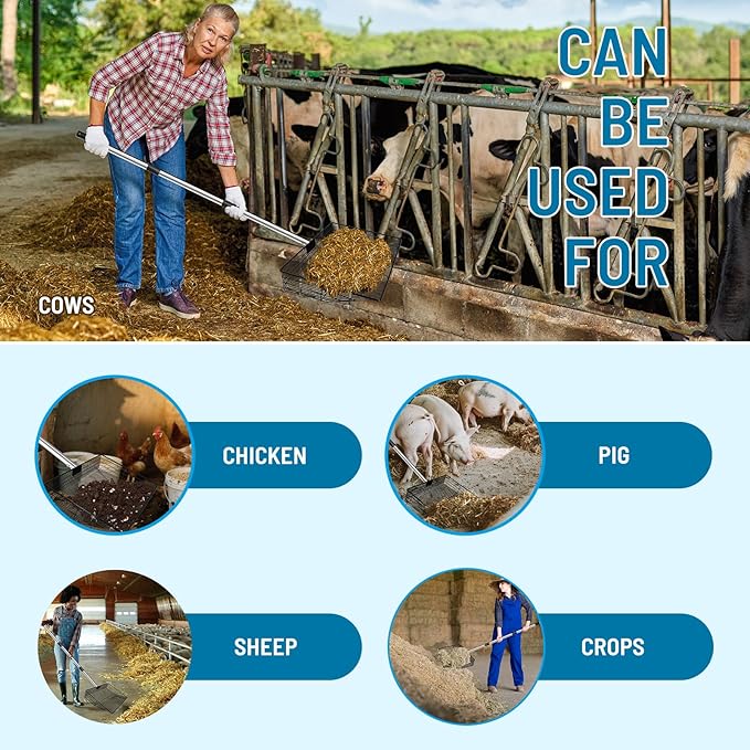 15-inch Large Chicken Poop Scooper with Gloves & Ergonomic Grip, 5 in 1 Adjustable Chicken Coop Pooper Shovel (37 to 78"), Sifting Litter Shovel Scoop for Chicken Coop/Stable Cleaning/Poultry Farm