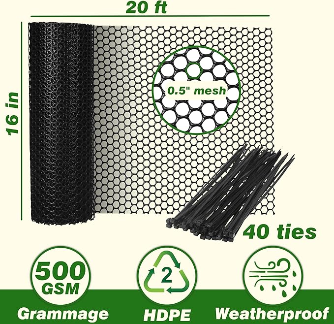 Gardzen Plastic Chicken Wire Mesh with 40 pcs Ties, 16in x 20ft Durable Chicken Fence for Poultry, Garden Protection & DIY Crafting, Heavy-Duty Mesh Netting for Outdoor & Indoor Use