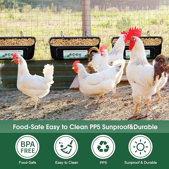 6 Pack Chicken Duck Feeder, Poultry Feeders and Waterers, Hanging Goat Feeder, Livestock Feeding Container, Feed Trough and Waterer Bucket with Clips(Black)