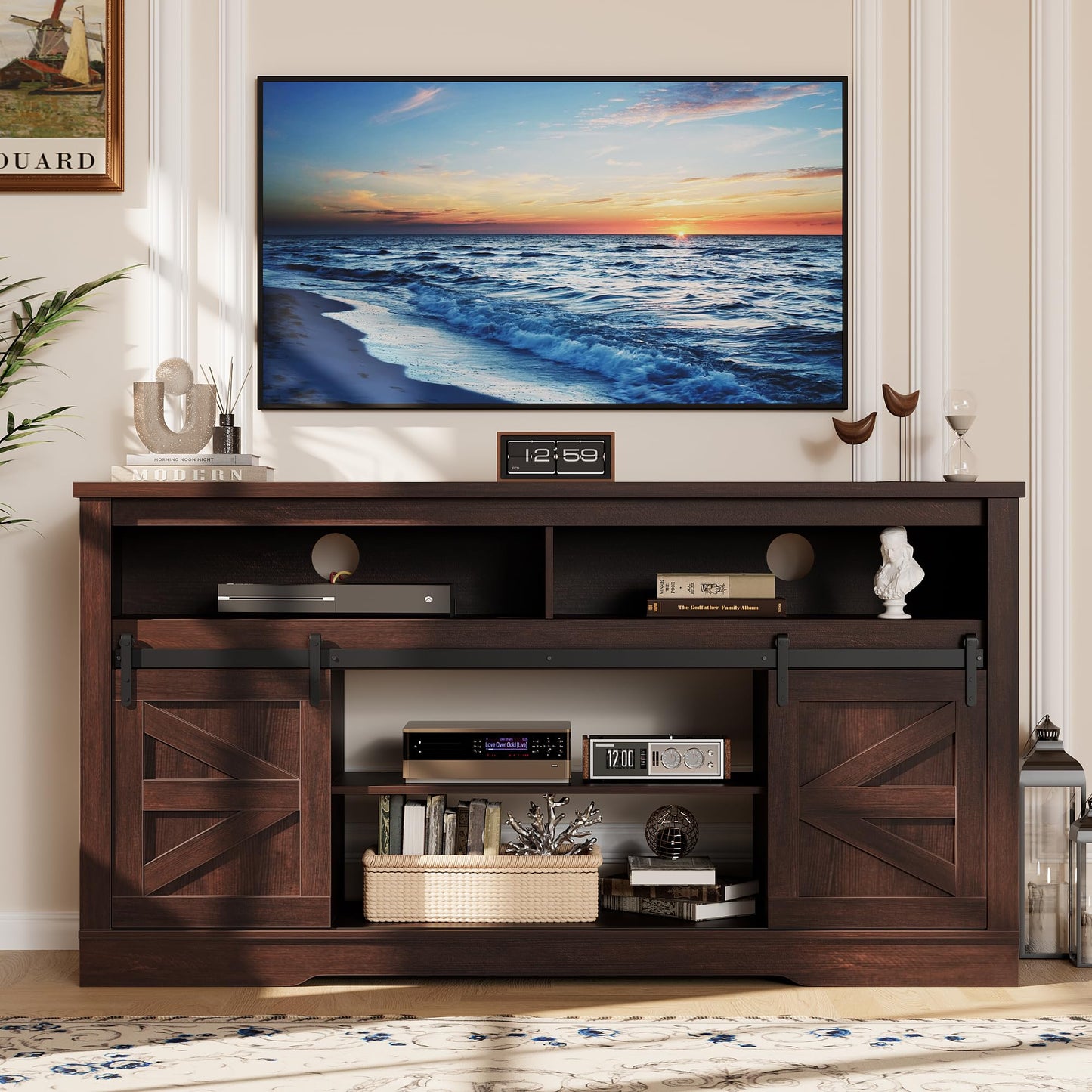 YESHOMY Fireplace TV Stand for Television up to 65+ Inch with Storage and Farmhouse Sliding Barn Doors, Entertainment Center with Cabinet and Shelves, Media Console for Living Room, Dark Brown