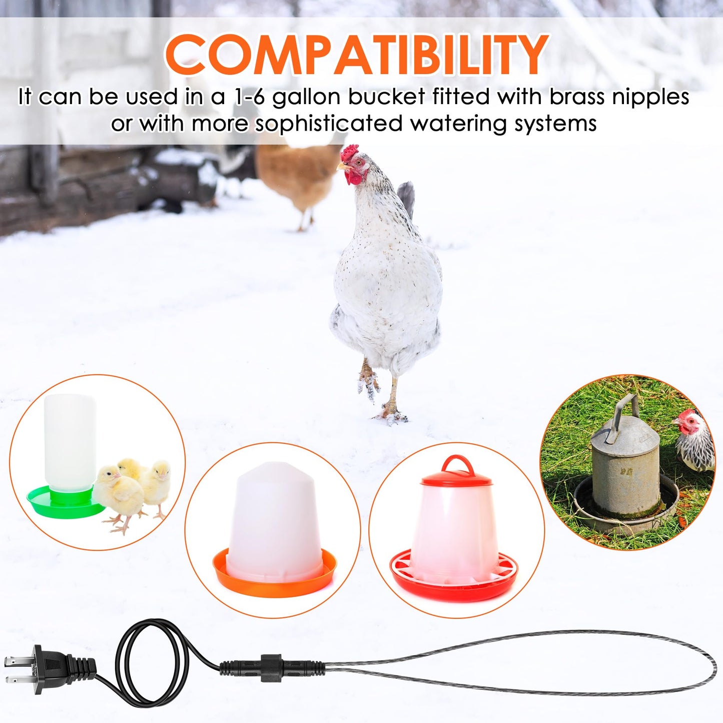 Saillong Chickens Water Heater Cord, Heated Chicken Waterer for Winter, Freeze Proof Heated Waterer for Poultry, Small Animals (Rabbits, Guinea Pigs, etc.), Prevent Water Freezing in Drinkers (1 Pack)