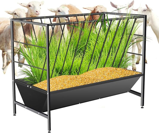 Pasture Hay Feeder 69 Gallon, Livestock 2 in 1 Hay and Grain Feeder, Heavy-Duty Galvanized Metal Goat Feeder with 2 Trays, Pasture Feeder for Goat, Sheep, Foal, Sheep