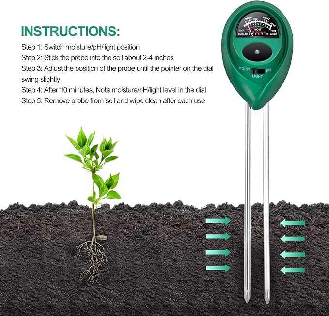 iPower 3-in-1 Soil Moisture/pH/Light Meter, Soil Test kit for Indoor & Outdoor Use, Suitable for House Plants, Garden, Lawn, Farm