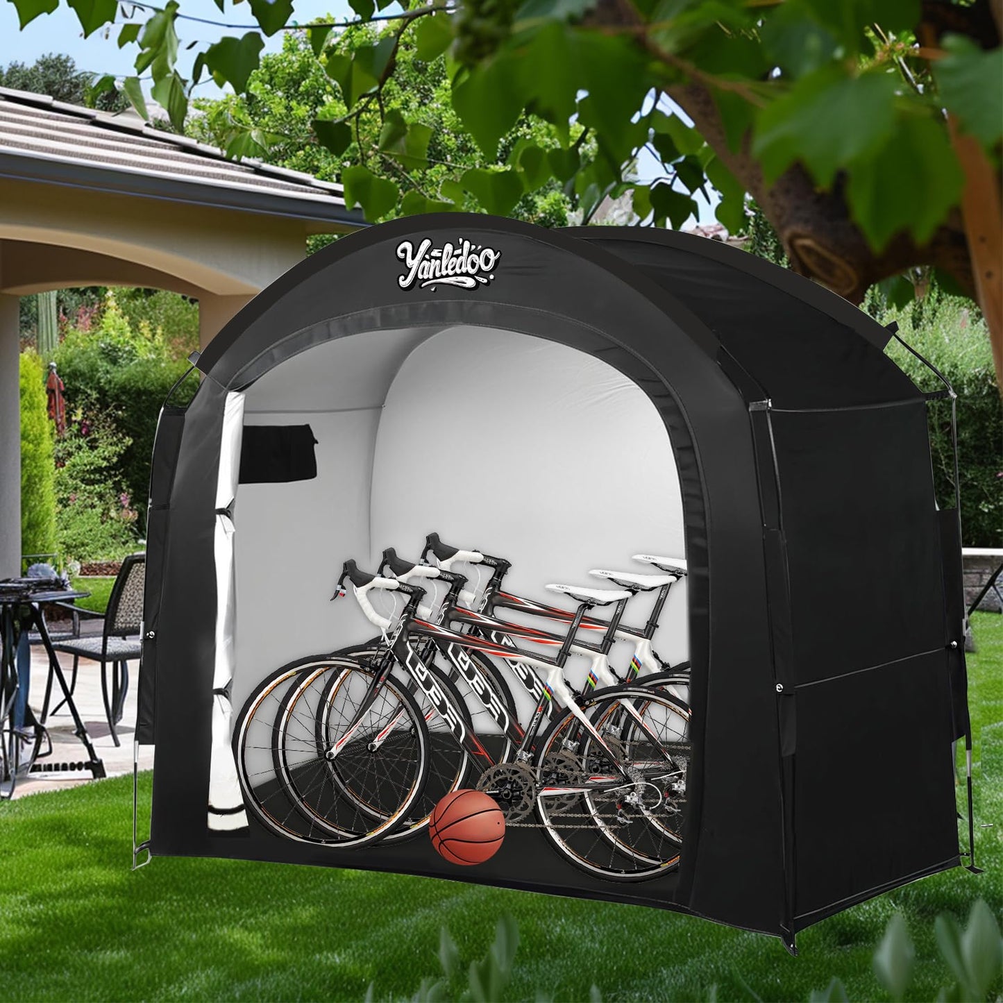Yanledoo Bike Storage Tent, Outdoor Shed with Thick Waterproof Fabric, 30% More Top Space, Fits 2/3/4/5 Bikes or Tricycles, Easy Setup, Portable Cover for Garden Tools & Motorcycles