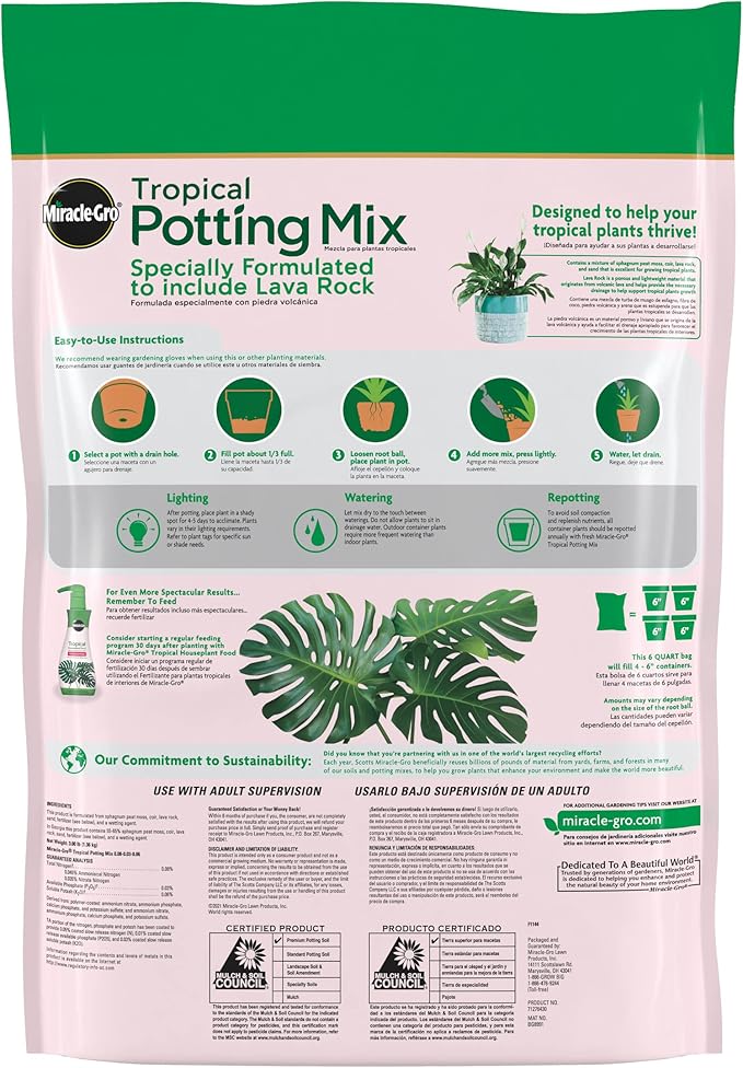 Miracle-Gro Tropical Potting Mix - Growing Media for Tropical Plants Living in Indoor and Outdoor Containers, 6 qt. (2-Pack)