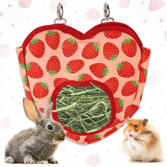 Estivaux Rabbit Hay Feeder Bag Strawberry Guinea Pig Hanging Hay Feeding Bag with Hole Pet Storage Dispenser for Chinchilla Hamster Bunny Small Pet Animals