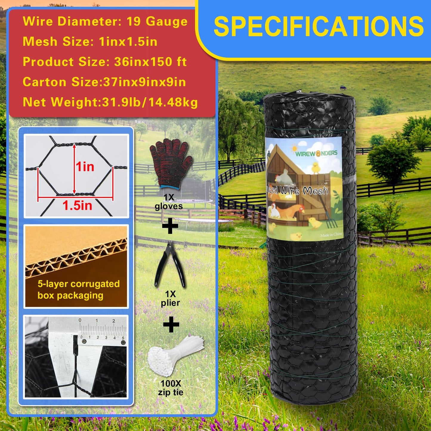 Wirewonders Black 19GA Chicken Wire 36inx150ft, Chicken Wire Fencing, Garden Fence, Metal Poultry Wire Netting, Galvanized PVC Coated Mesh for Animal/Rabbit/Floral/Chicken Coop/DIY Projects.