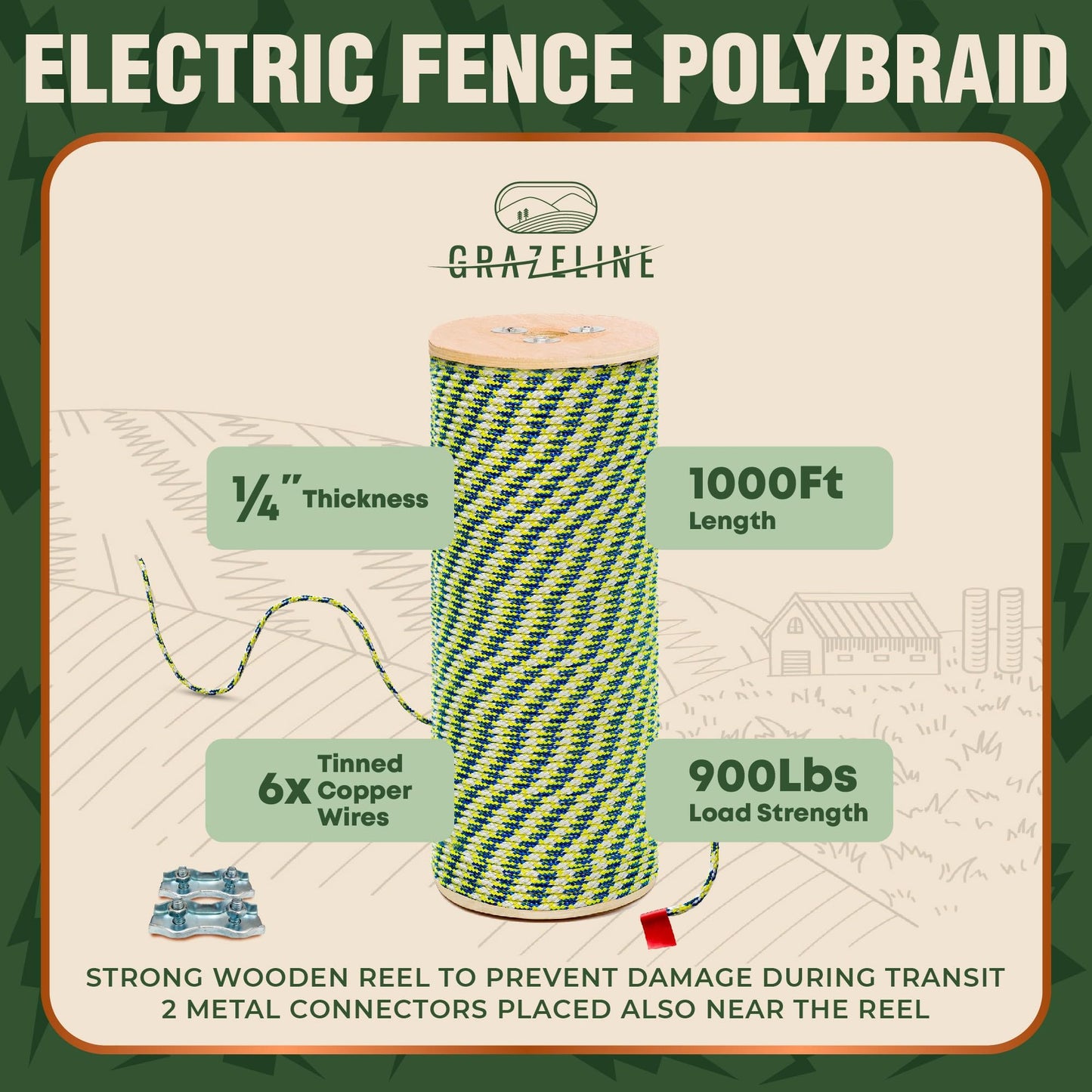 Electric Fence Polybraid 1/4" Rope 1000Ft (305m) - 6 x Tinned Copper Strands for Superior Shock - Heavy Duty Polyrope Braided - Premium Horse Wire Fencing Highly Visible - UV Rust Corrosion Resistant