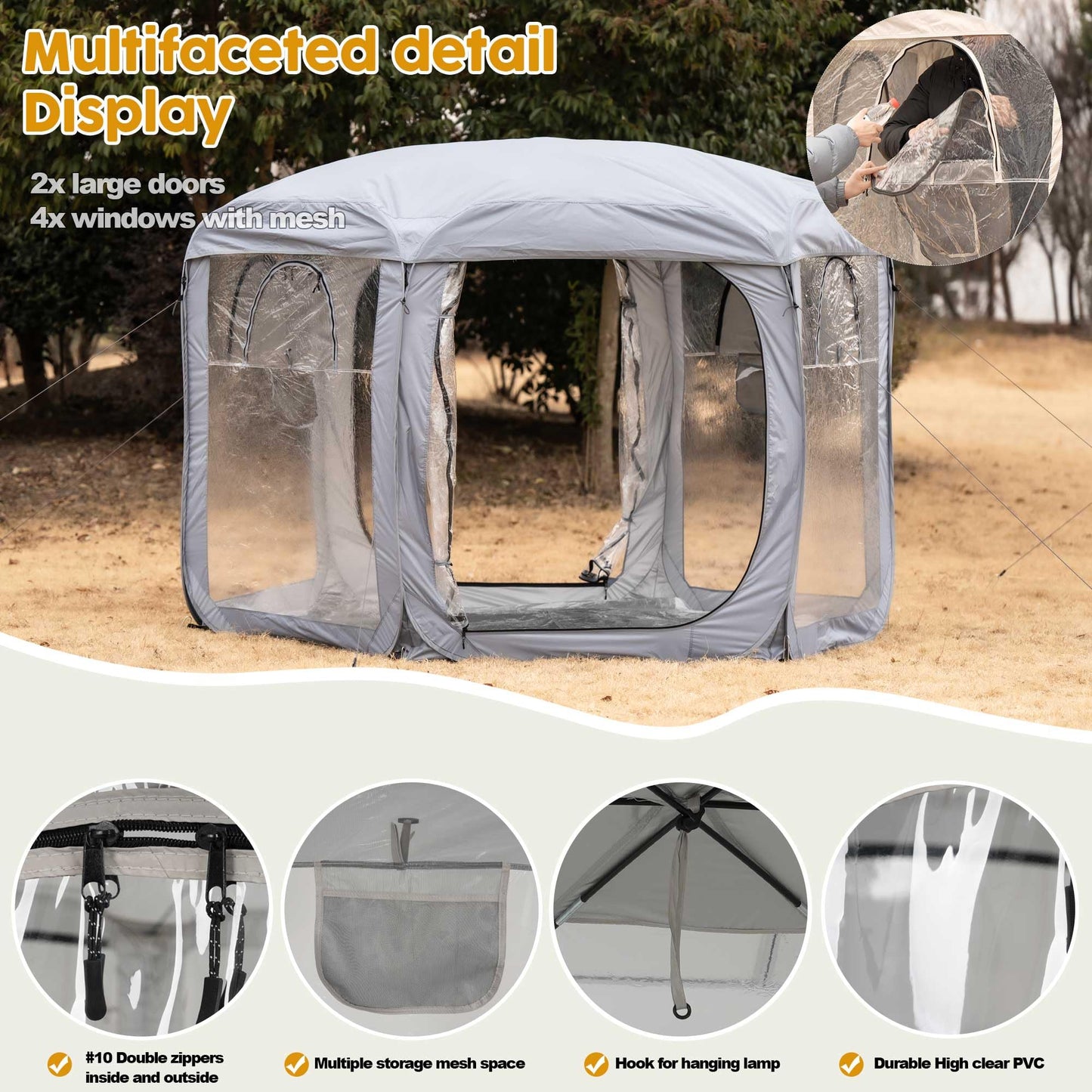 Porayhut Pop up Bubble Tent Screen House10’X10’Large Camping Sun Shelter,Weather and Cold Proof Pod with Detachable Sunshade Cloth,Waterproof Floor,2 Zipper Doors and 4 Mesh Breathable Windows