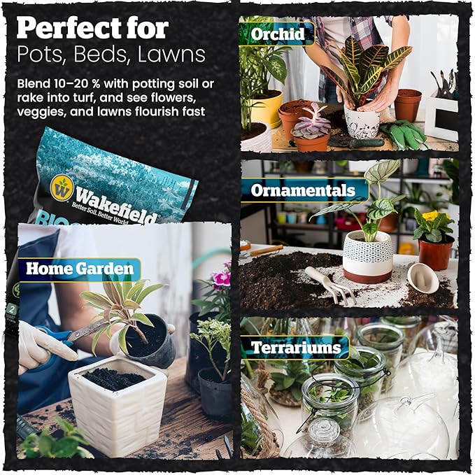 Wakefield Premium Organic Biochar Soil Amendment & Soil Conditioner – Certified Carbon-Negative Nutrient-Locking, Water-Efficient Bio Char for Plants & Lawns - Soil Amendments for Lawn - 2 Quart