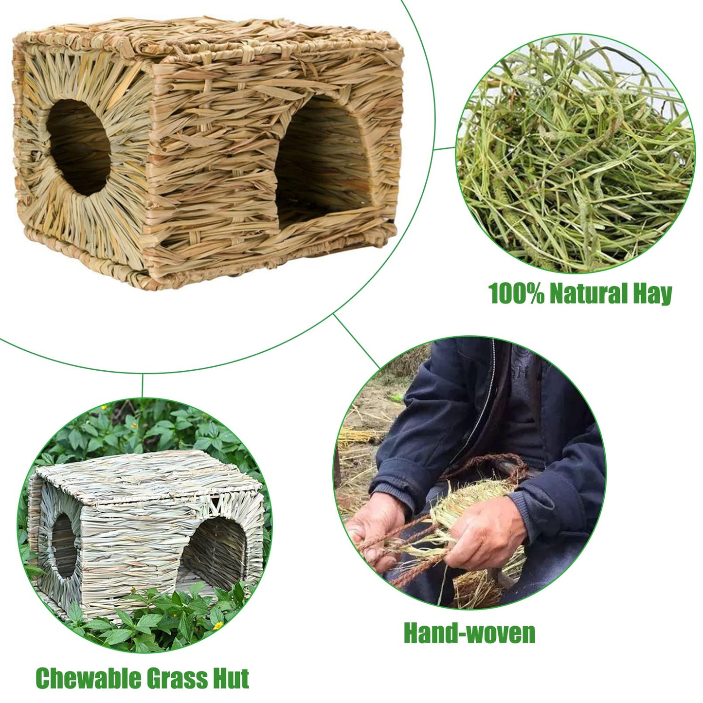Hamiledyi 2PCS Large Grass House for Rabbit, Edible Bunny Hut Natural Grass Woven Foldable Pet Play Hideaway Hay Mat Chew Toys for Guinea Pig Hamster Chinchilla 14.5x11.4x10.2 inches