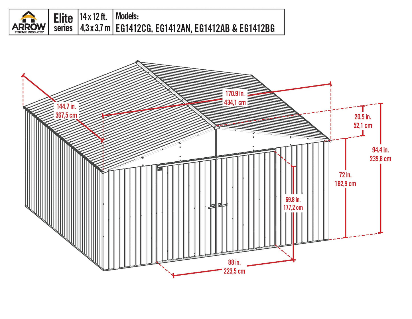Arrow Shed Elite 14' x 12' Tall Outdoor Steel Storage Shed with High Gable and Lockable Doors Storage Building, Anthracite