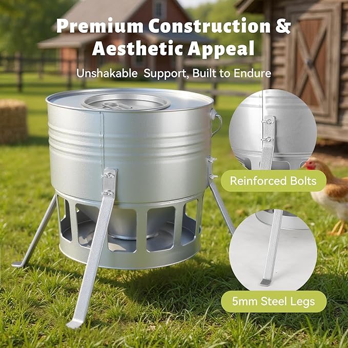 KOL Metal Chicken Feeder - 20lbs Ground Poultry Feeder with 12 Ports, Powder Coated Rust-Proof Design & Smooth Edges for Safe Feeding (Silver)