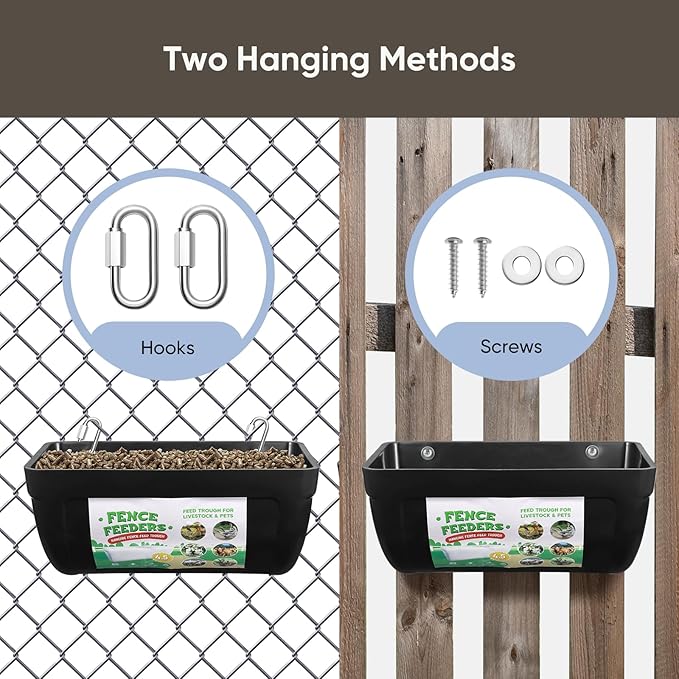 4 Pack Goat Feeders Hanging, Chicken Feeder, with Clips Hanging Fence Feeders, 4.5 Quart Feed Buckets for Horses, Duck Feeder, Chicken Water Feeder, Poultry Feeding Trough