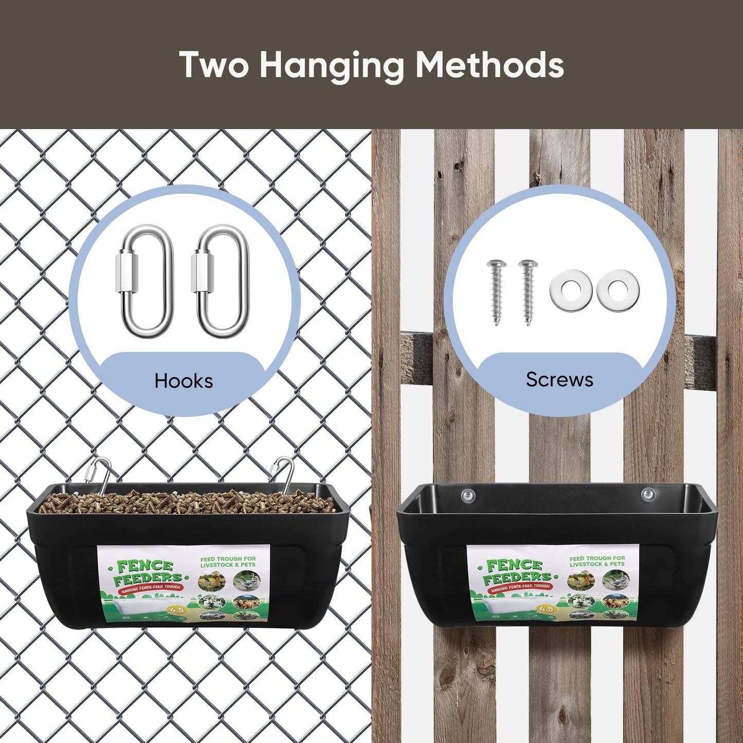 Chewoof 4 Pack Goat Feeders Hanging, Chicken Feeder, with Clips Hanging Fence Feeders, 4.5 Quart Feed Buckets for Horses, Duck Feeder, Chicken Water Feeder, Poultry Feeding Trough